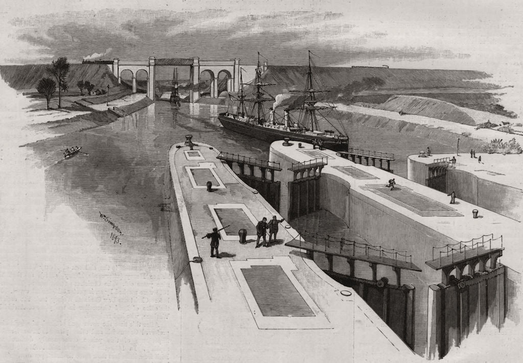 The Manchester Ship Canal. Locks and railway viaduct at Irlam. Lancashire 1893